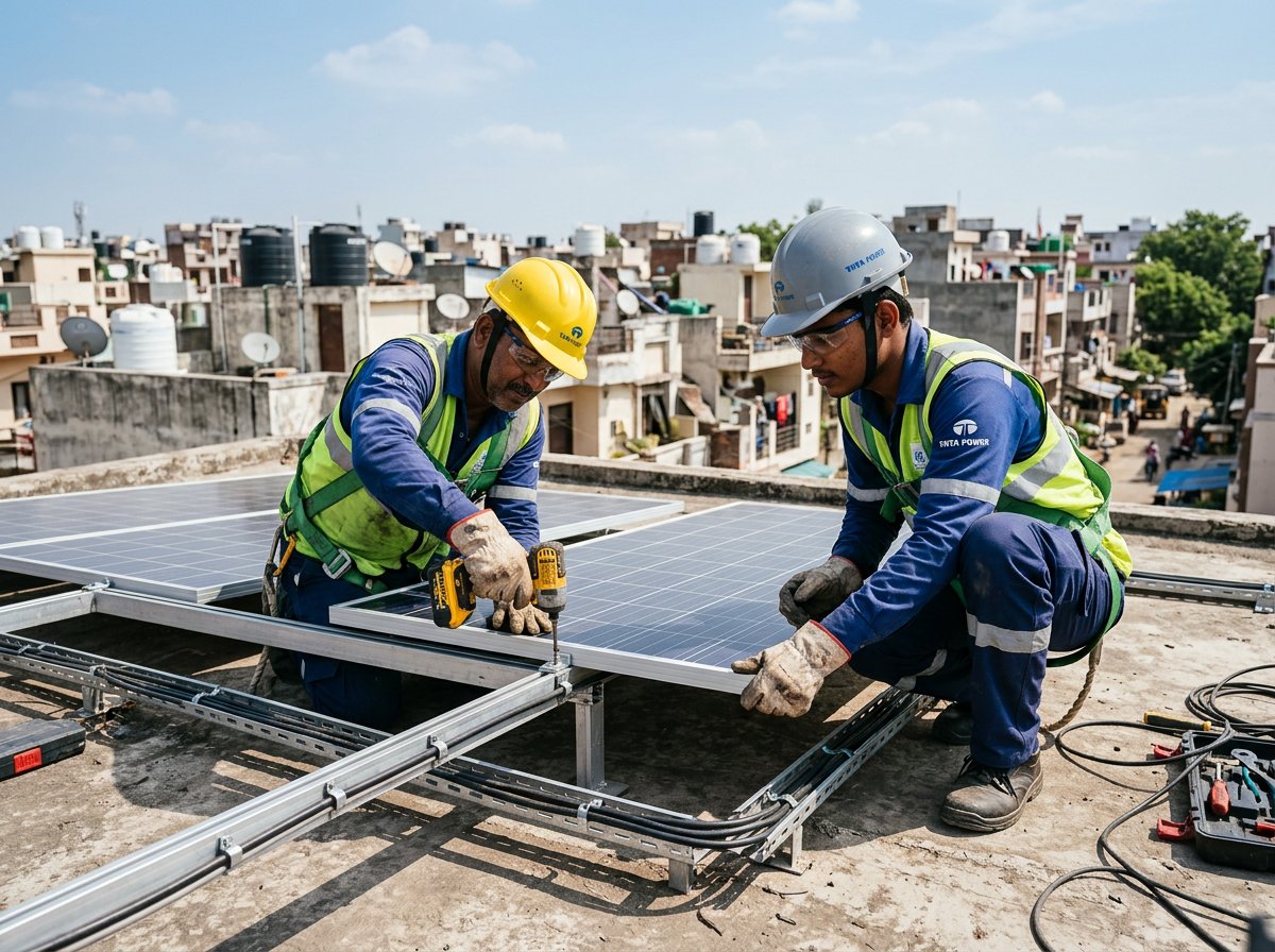 Solar technicians installing panels on a rooftop