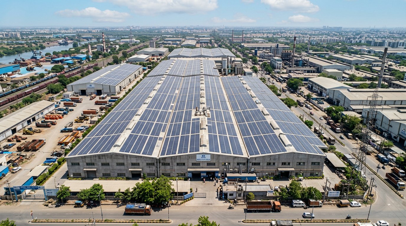 Aerial view of a factory rooftop covered with solar panels