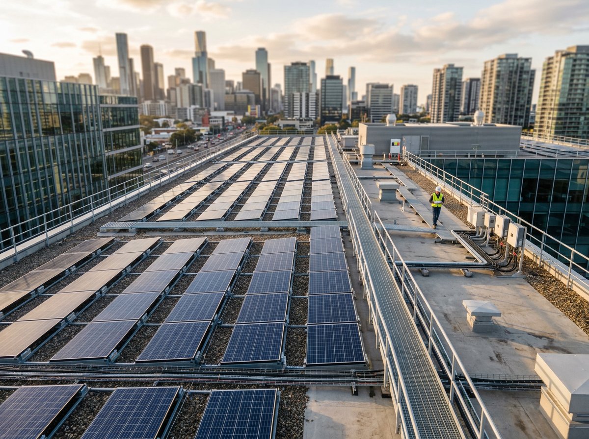 Solar panels on the rooftop of a commercial building