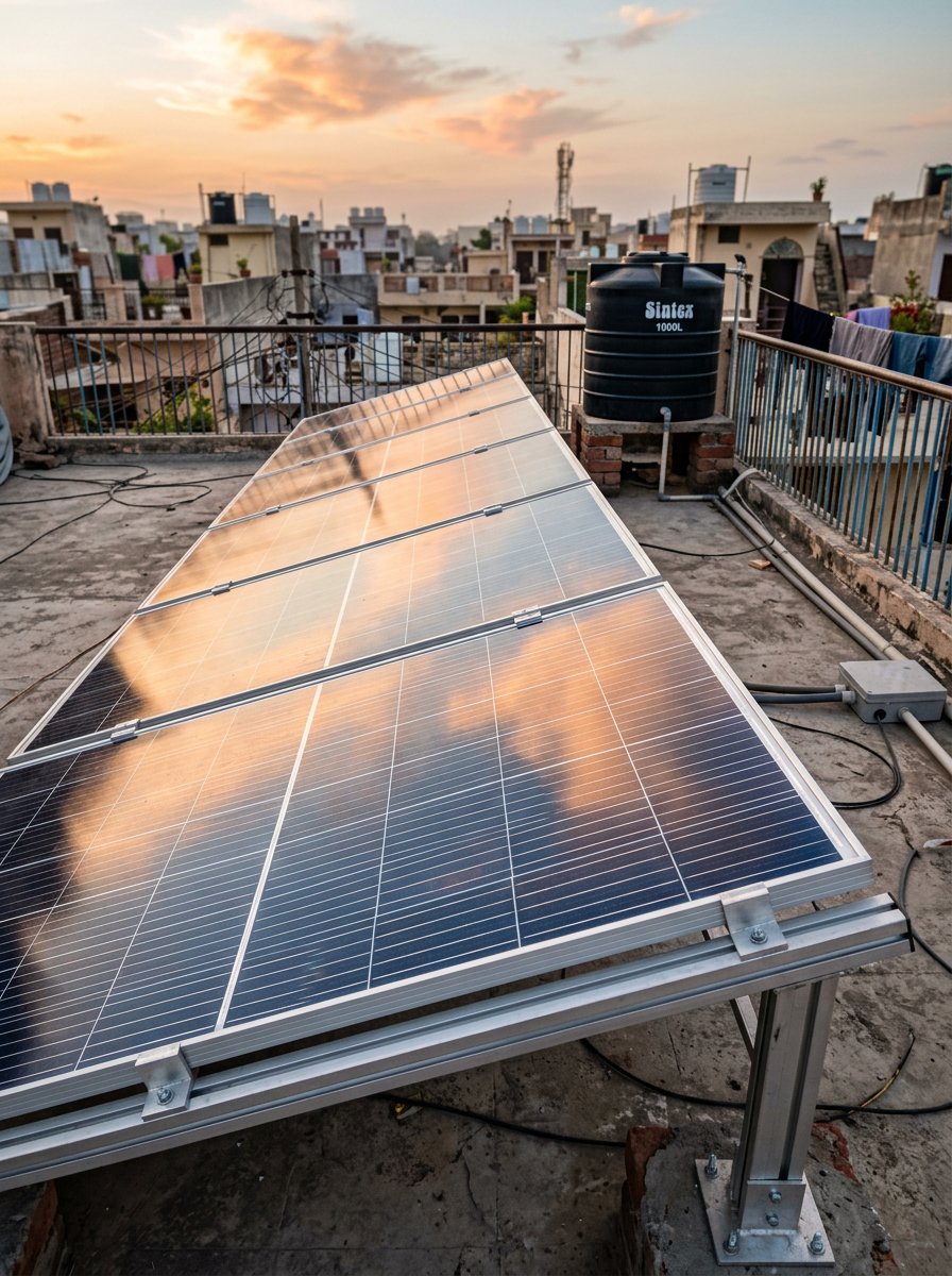 Close view of solar panels on a home rooftop reflecting the sky