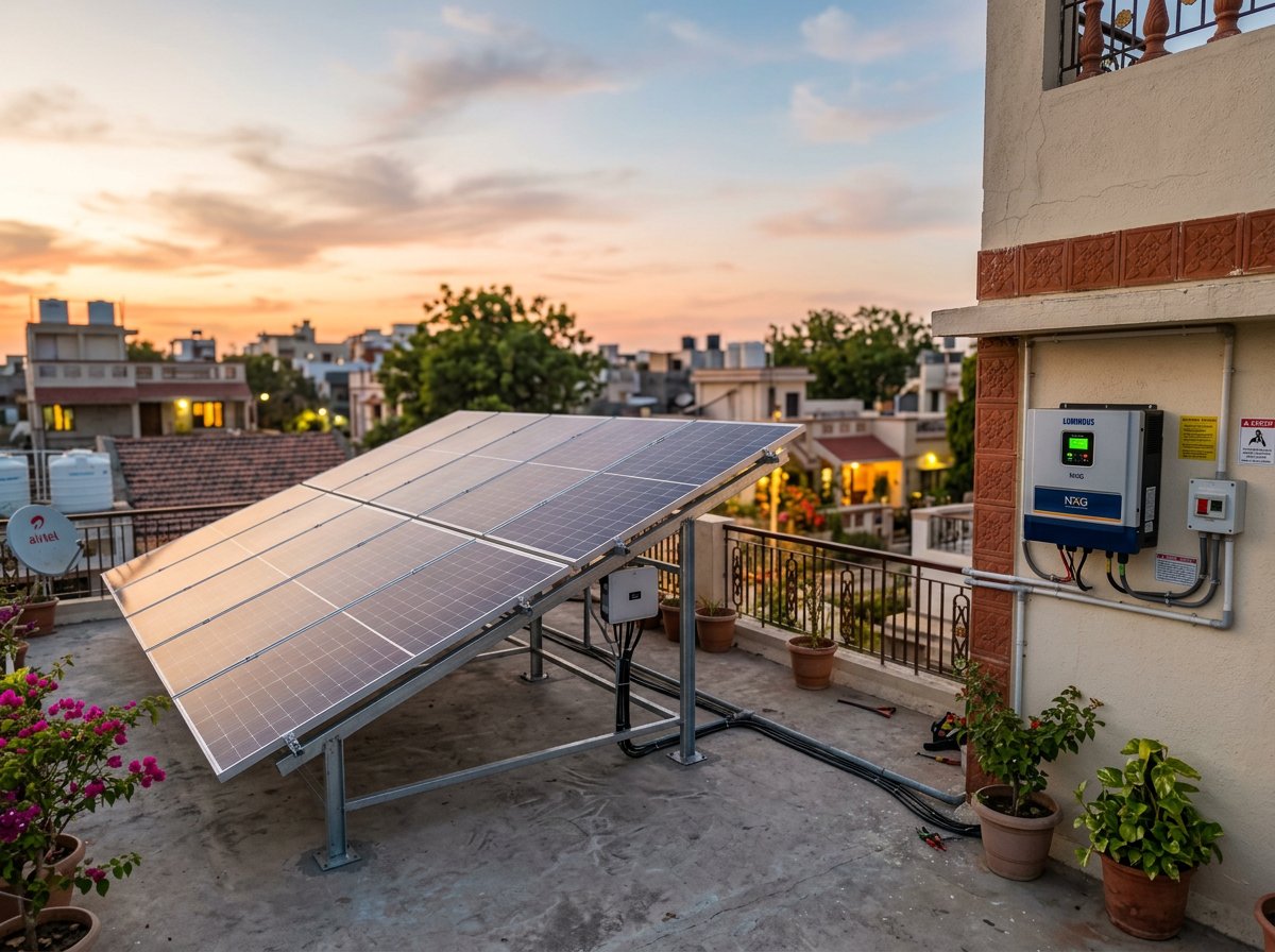 Completed rooftop solar system on a home terrace