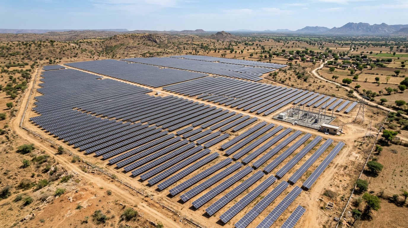 Aerial view of a large-scale solar park installation