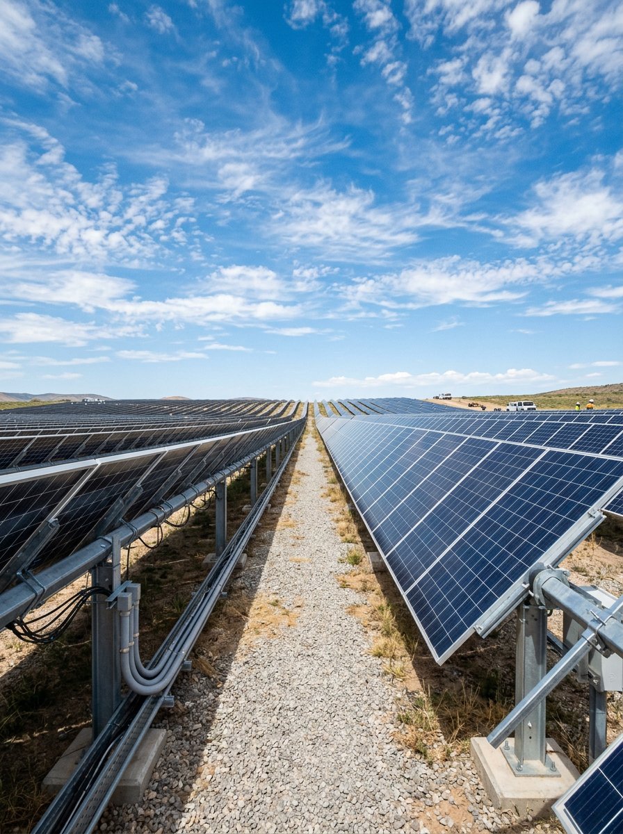 Ground-mounted solar panel rows at a solar farm