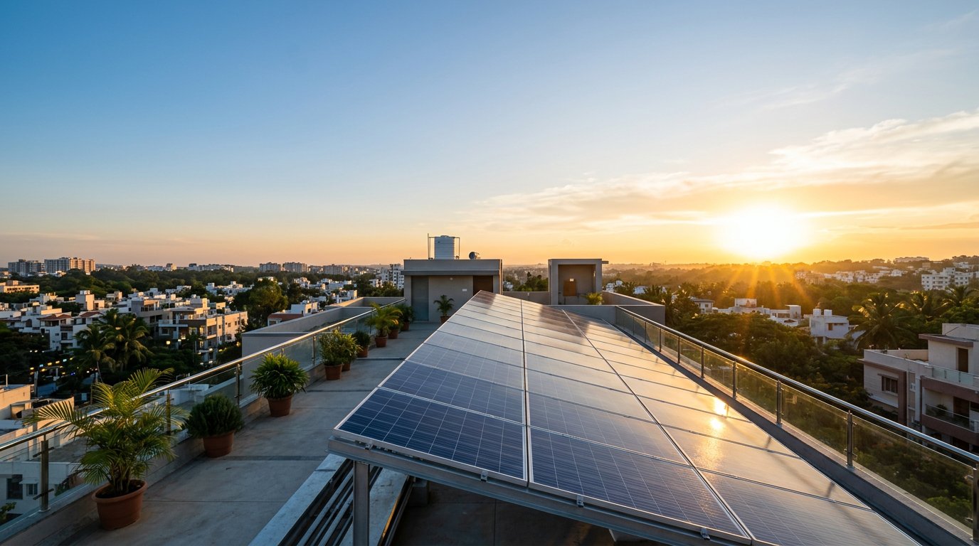 Rooftop solar panel installation glowing in golden sunlight