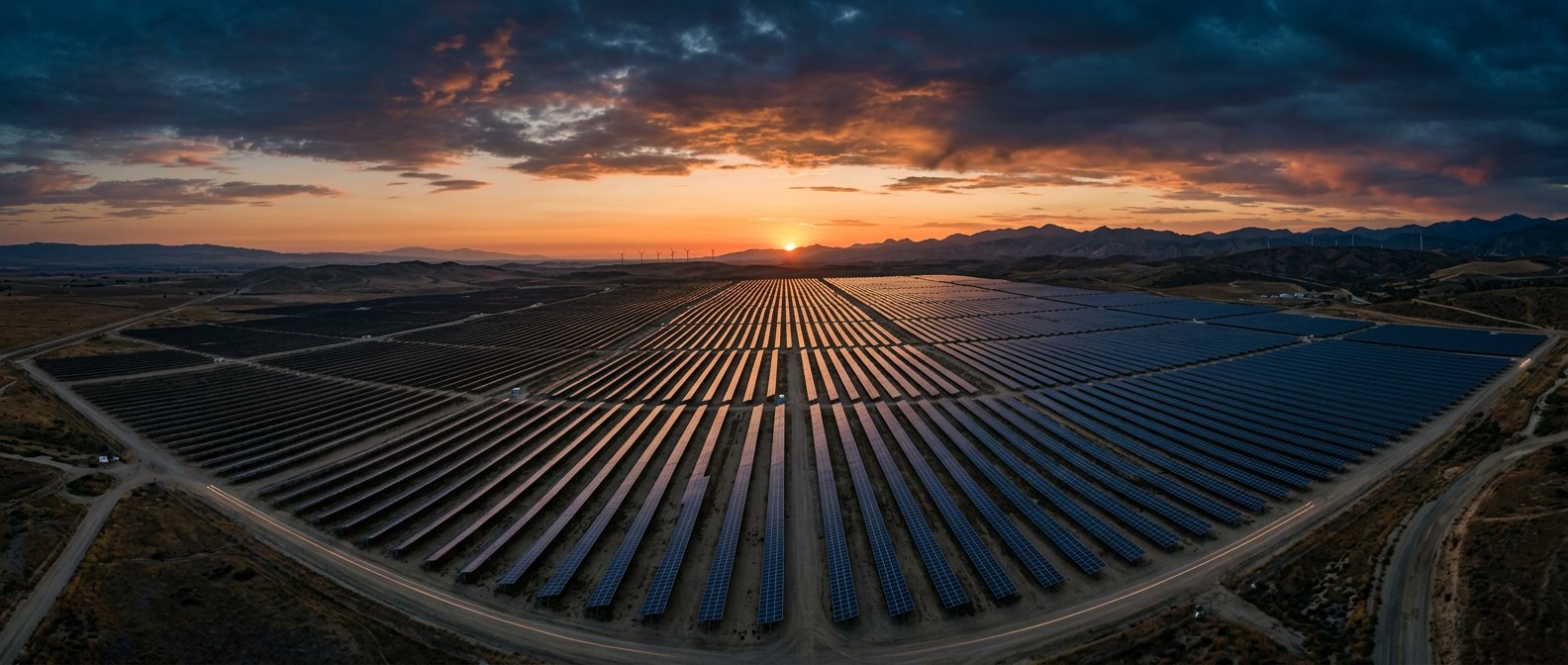 Large-scale ground-mounted solar park at sunset